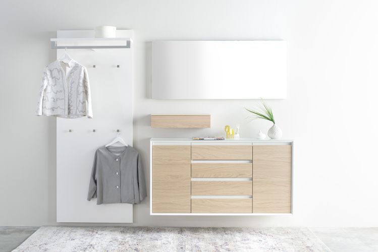 Garderobe Sudbrock MODO Flur Diele Eiche milk weiß blütenweiß Lack Spiegel Garderobenpaneel wandhängend Ablage Kommode Griffnut