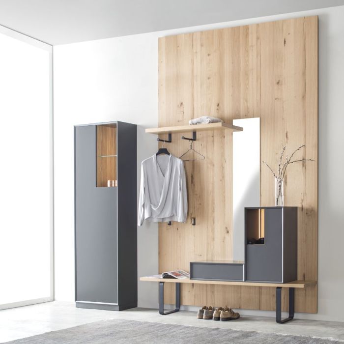 Garderobe Sudbrock MODO Black Edition Flur Diele Ethno Eiche Wandpaneele Spiegel wandhängend raumhoch Raumhöhe Bank Sitzbank Schuhschrank Kleiderschrank