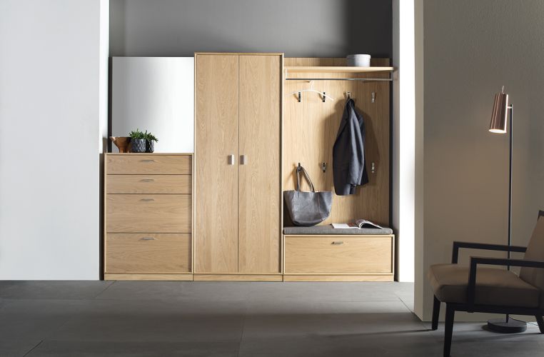 Garderobe Sudbrock PANAMA Einbau Eiche Wildeiche Spiegel Rahmenkante Schuhschrank Garderobenpaneel