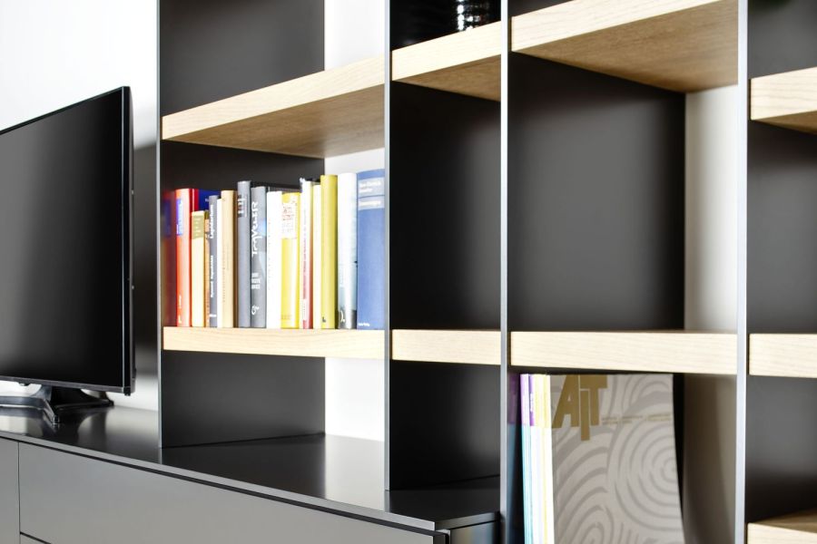 Wohnwand TV-Wand Scala Cubo Lack grau schwarz cosmos Eiche Regalwand Lowboard Sudbrock Bücherregal