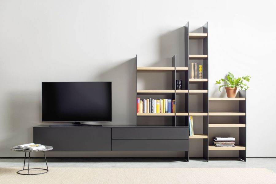 Wohnwand TV-Wand Scala Cubo Lack grau schwarz cosmos cosmos-schwarz Eiche Regalwand Lowboard Sudbrock Bücherregal