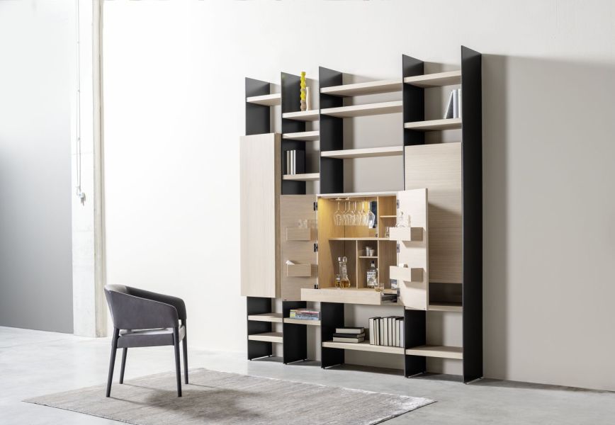 Sudbrock Wohnen Esszimmer Wohnzimmer Wohnwand Regal Speisen Barschrank Bar Cubo Scala cosmos schwarz Lack Eiche milk 10 mm Wangen 39 mm Böden