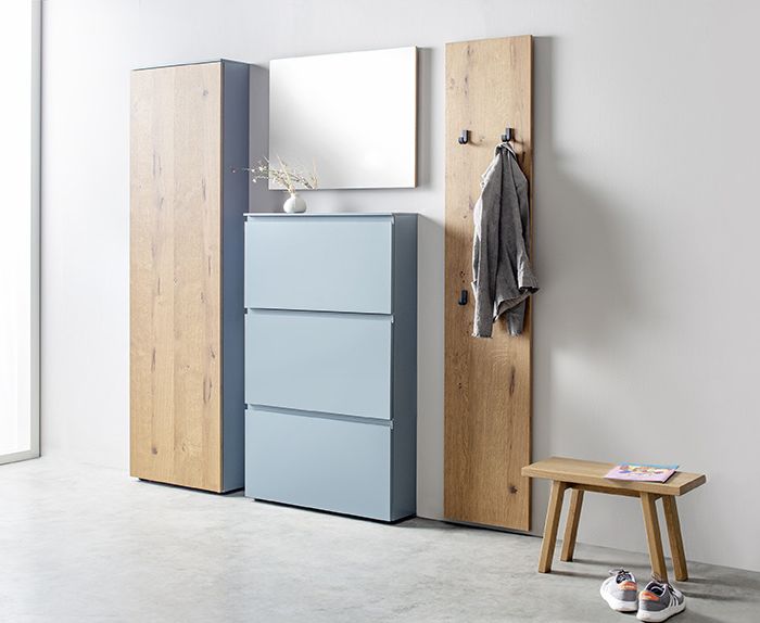 Garderobe Sudbrock TANDO Spiegel Schuhschrank Eiche canyon Lack blau taubenblau Flur Diele Garderobenpaneel Ablage Sekretär Hocker Schemel Tando Fox